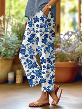 Pantalon décontracté imprimé floral bleu et blanc pour femme